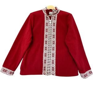 VTG LL Bean Nordic Fair Isle Jacket Womens sz L Red Fleece Cardigan Christmas